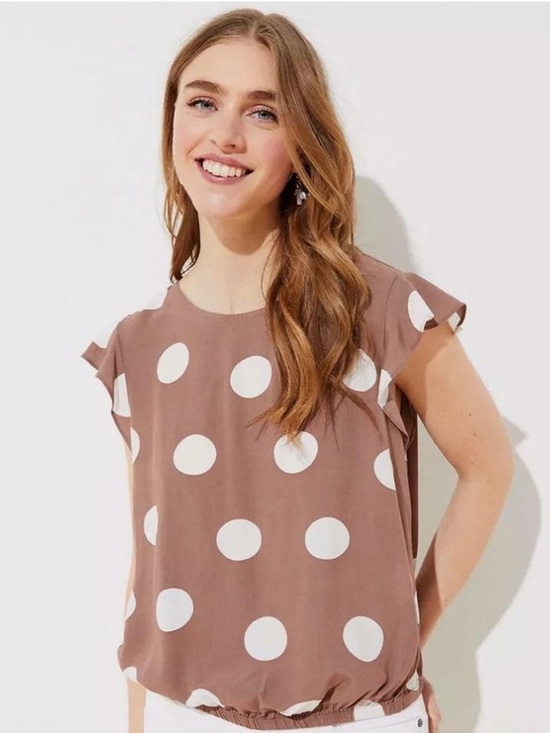 LOFT Tops - LOFT Women’s Polka Dot Banded Hem Flutter Sleeve Top Brown White Size Medium